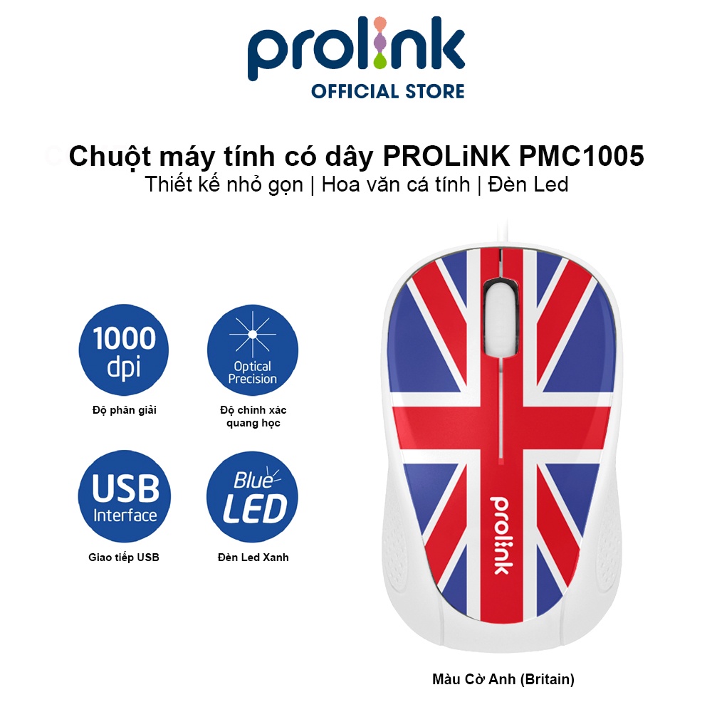 Chuột máy tính có dây PROLINK PMC1005 giá rẻ, đèn LED xanh, hoạ tiết bắt mắt