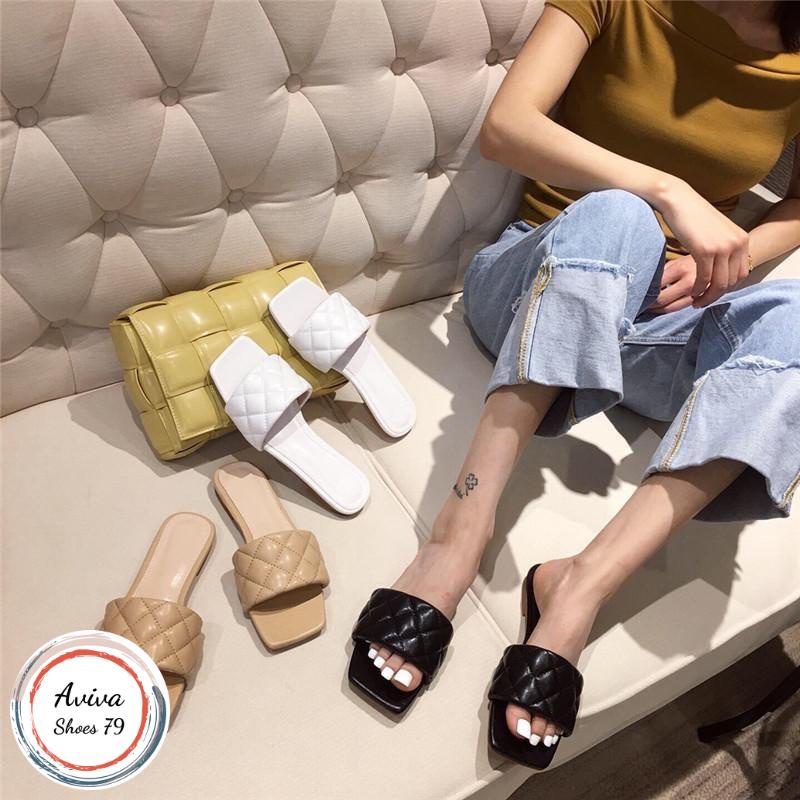 Dép bản caro quai ngang đế bệt chất xịn da mờ xinh xắn