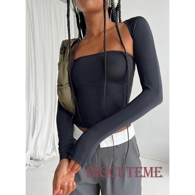 Set 2 Áo Thun Nữ Kiểu Dáng Thời Trang Quyến Rũ Set Áo Ống Màu Trơn Trễ Vai + Áo Khoác Cardigan Tay Dài Dáng Ngắn Thời Trang Mùa Hè Cho Nữ