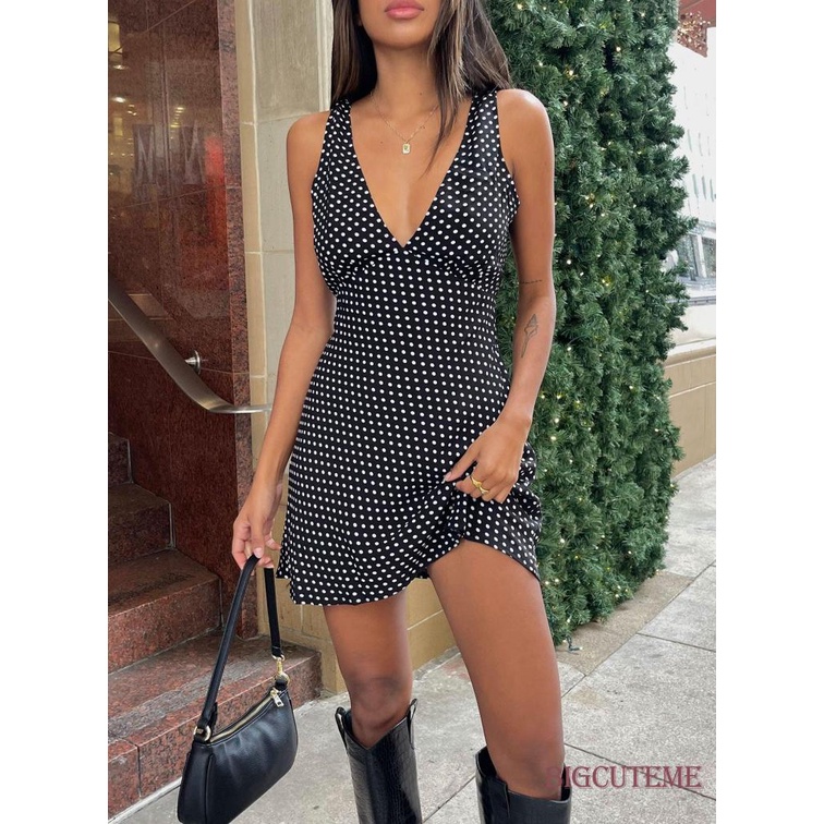 Đầm Ngắn Không Tay Cổ Chữ V Họa Tiết Chấm Bi Lưng Cao Phối Dây Rút Thời Trang Nữ
