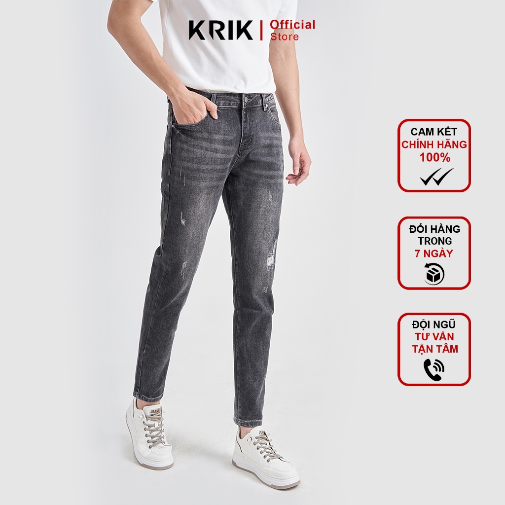 Quần Jean Nam Local Brand KRIK Dáng Slimfit Hàn Quốc, Màu Đen Rách Xước Cá Tính QJ0381