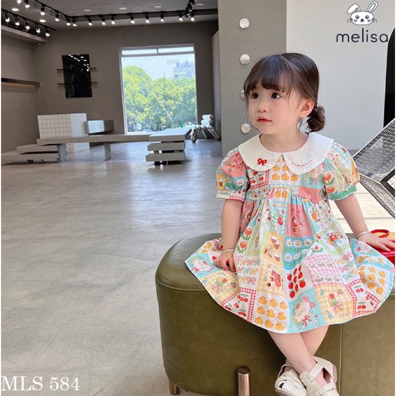 Đầm Melisa hoạ tiết hoa bé gái cổ sen thêu đáng yêu cho bé gái