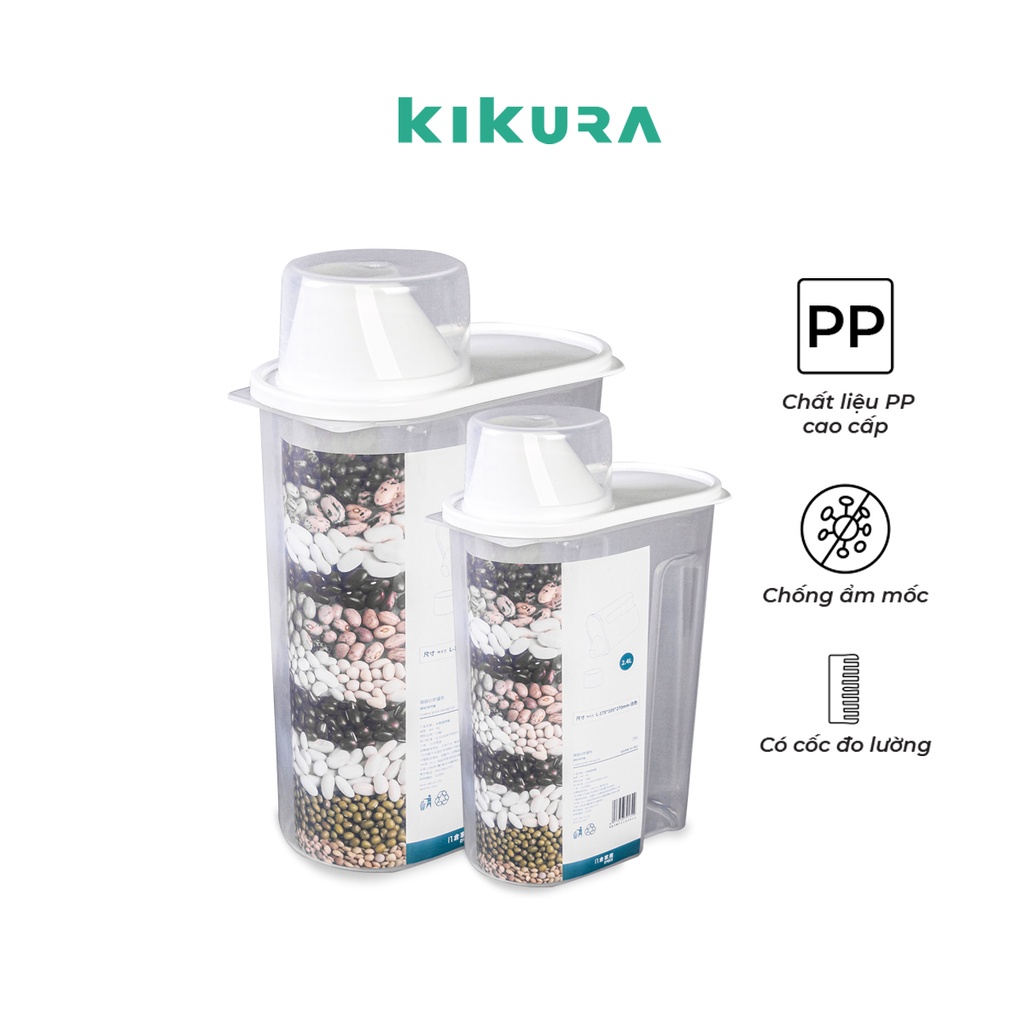 Hũ bảo quản thực phẩm khô Kikura đựng các loại hạt, gạo, đậu để nhà bếp, có nắp đo lường