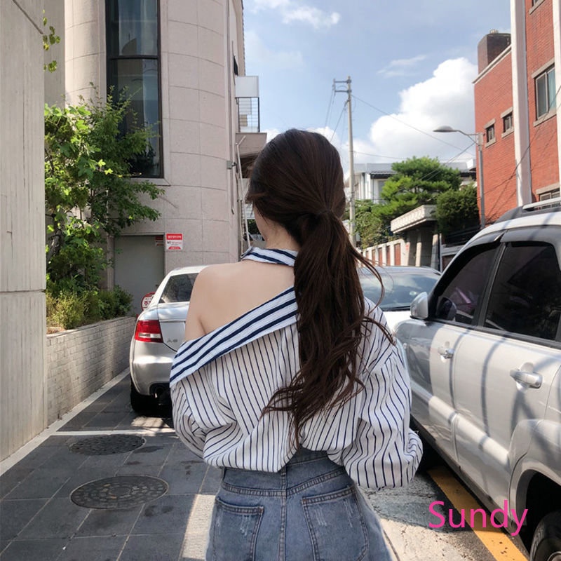 Áo Sơ Mi Tay Dài Trễ Vai Phong Cách Hàn Quốc Thời Trang Xuân Thu Quyến Rũ Cho Nữ