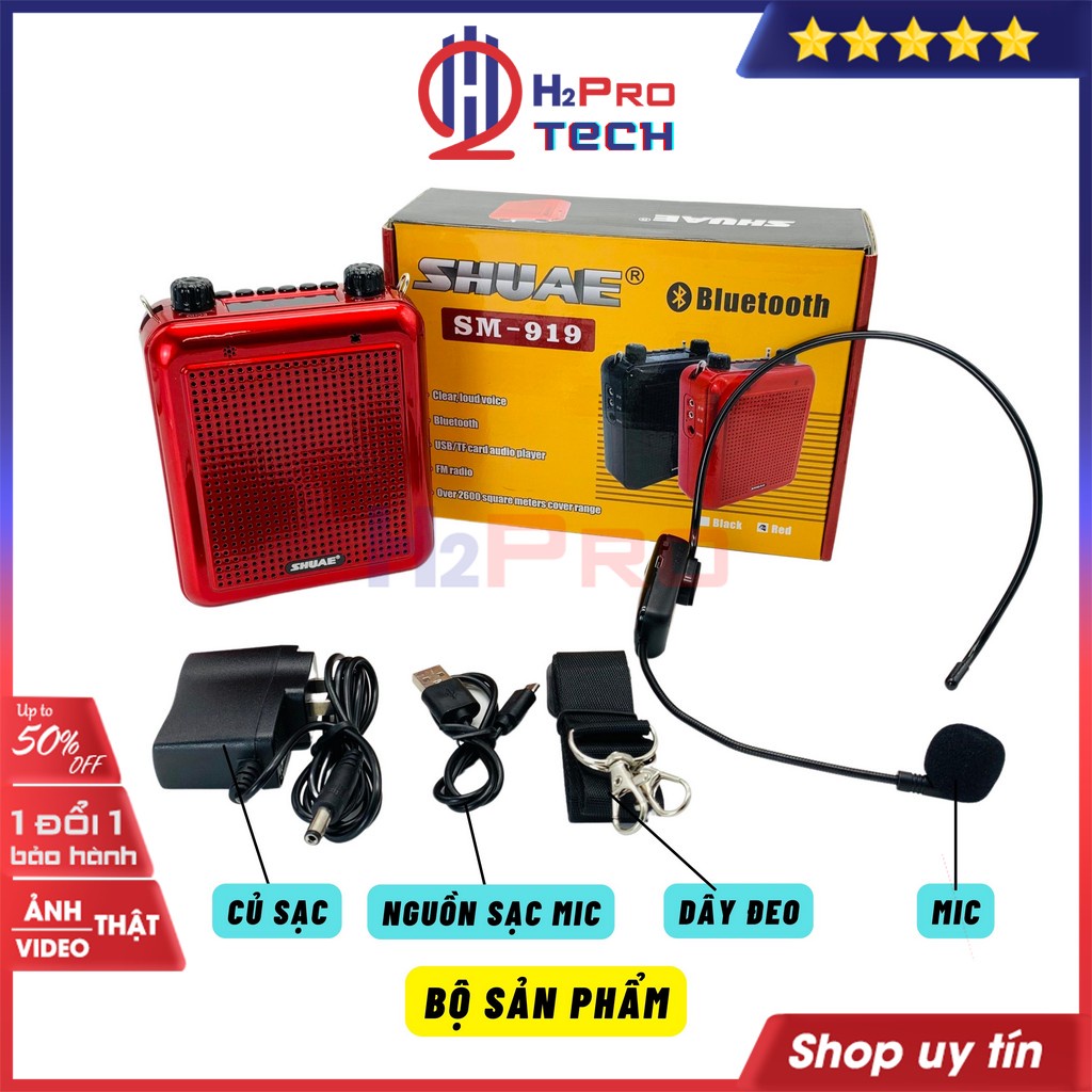 Máy Trợ Giảng Không Dây, Loa Trợ Giảng SHUAE SM-919 UHF 15W Cao Cấp-Bluetooth 4.2-Usb-Thẻ Nhớ-Đài Fm-Pin Sạc-H2Pro Tech