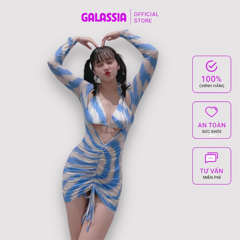 Set bikini 3 mảnh đồ bơi nữ kín đáo sóng loang dài tay liền váy rút dây sexy Galassia