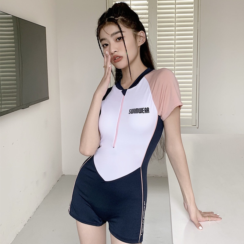 Đồ Bơi Một Mảnh Ngắn Tay Phối Khoá Kéo Cho Nữ