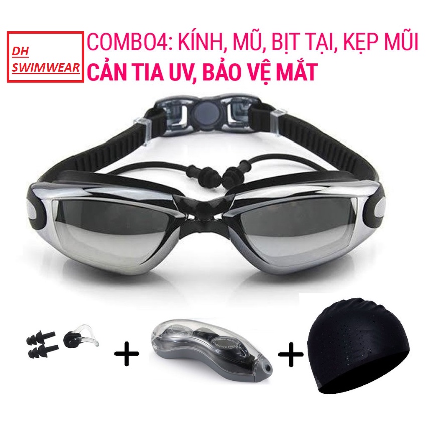 Kính bơi người lớn tráng gương DH Swimwear1001 kèm mũ bơi và bịt tai kẹp mũi cho nam nữ,