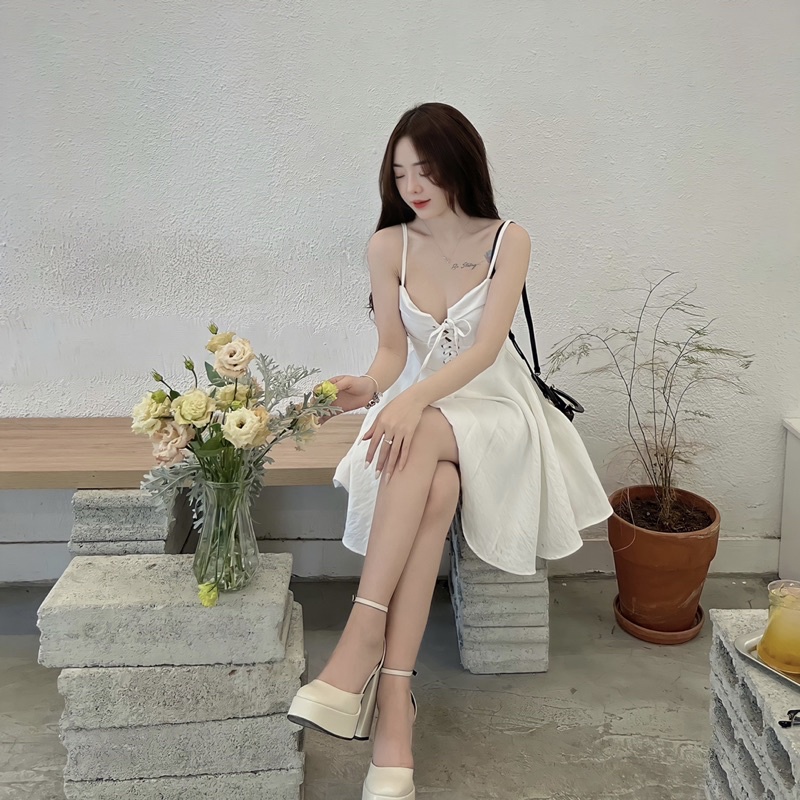 Đầm Hai Dây Xoè , dây thắt nơ , hai lớp dày dặn , dây áo điều chỉnh