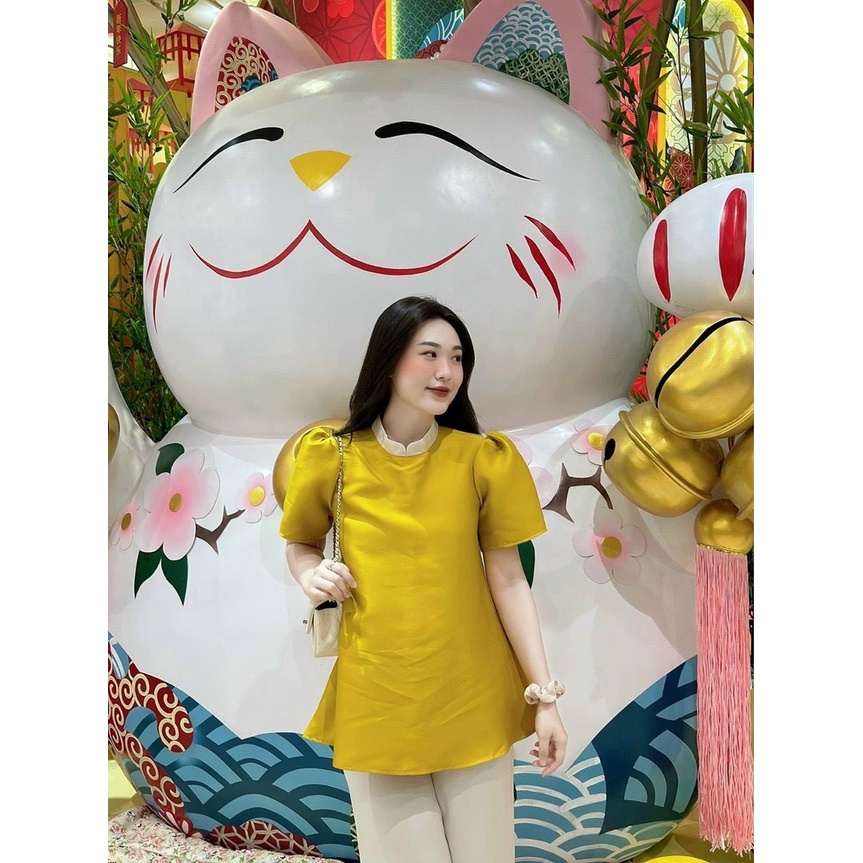 Sét Tiểu Thư Nữ Phong Cách HÀN QUỐC, Áo Nữ Cổ Tròn Tay Phồng Phối Quần Suông Trắng Thiết Kế Phối Màu Siêu Sang