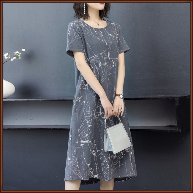 Đầm Midi Tay Ngắn Cổ Tròn In Họa Tiết Trừu Tượng Phong Cách Cổ Điển Thời Trang Cho Nữ