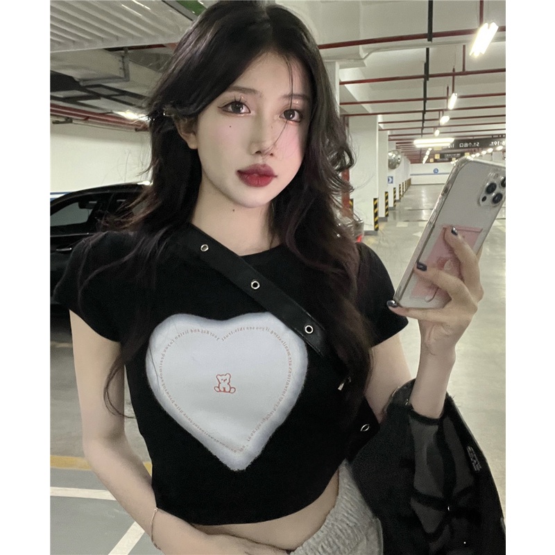 Áo Thun Tay Ngắn Cổ Tròn Dáng Rộng In Hình Trái Tim Dễ Thương Cho Cặp Đôi