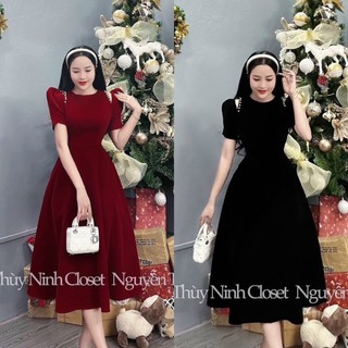 Đầm nhung dự tiệc đính vai cườm dáng xòe với tôn 2 màu quá đáng yêu dành cho các nàng đi chơi