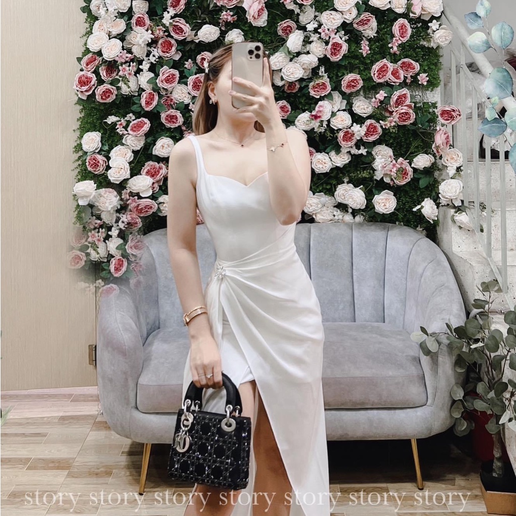 Đầm tiểu thư dáng dài sexy 2 dây tôn dáng xẻ tà cực đẹp, chất vải phi cao cấp