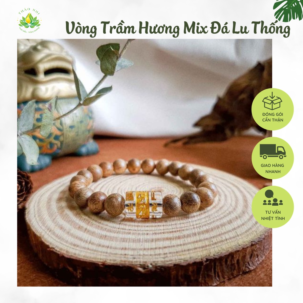 Vòng Tay Trầm Hương Mix Đá Lu Thống Khắc Chữ Phạn Cho Mệnh Kim Đá Trắng Chữ Vàng Hộ Thân Bình An