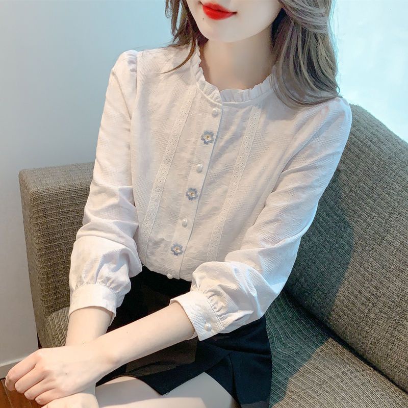ICE Cotton Younger Fashion Embroidered Jacquard Cotton Shirt Women's Western Style Cotton Wooden Ear Collar Top