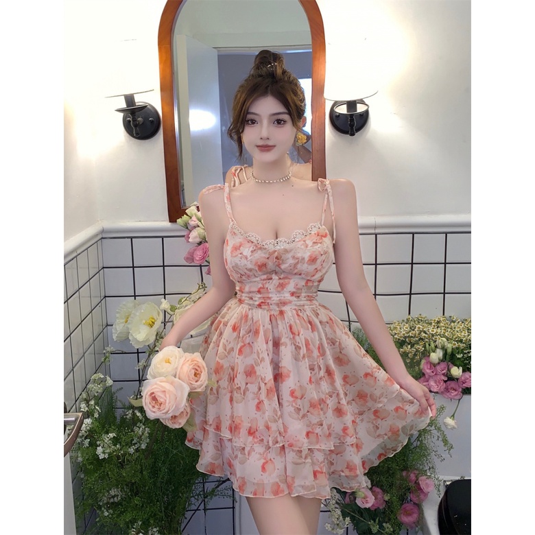 Đầm Hai Dây Cổ Chữ v Eo Cao Phối Ren Thời Trang