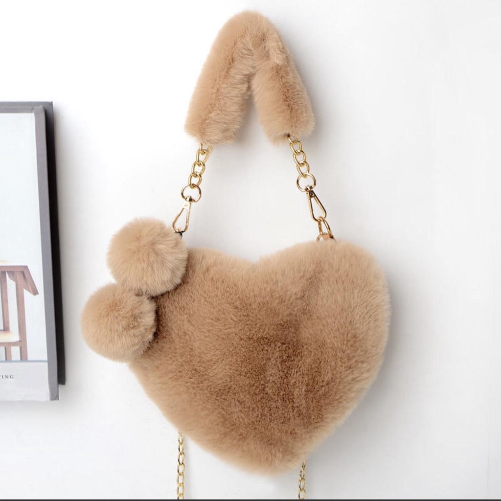 Túi Xách Đeo Vai Hình Trái Tim Lông Nhung - Túi Đeo Chéo Gấu Bông Dây Xích