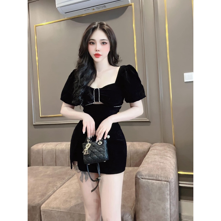 GIẢM GIÁ CỰC SỐC -ĐẦM NHUNG CỨNG CÓ MÚT LÓT QUẦN CỔ VUÔNG TAY NGẮN ÔM EO DÁNG NGẮN TRÊN GỐI CỰC NĂNG ĐỘNG CUỐN HÚT ĐI CH