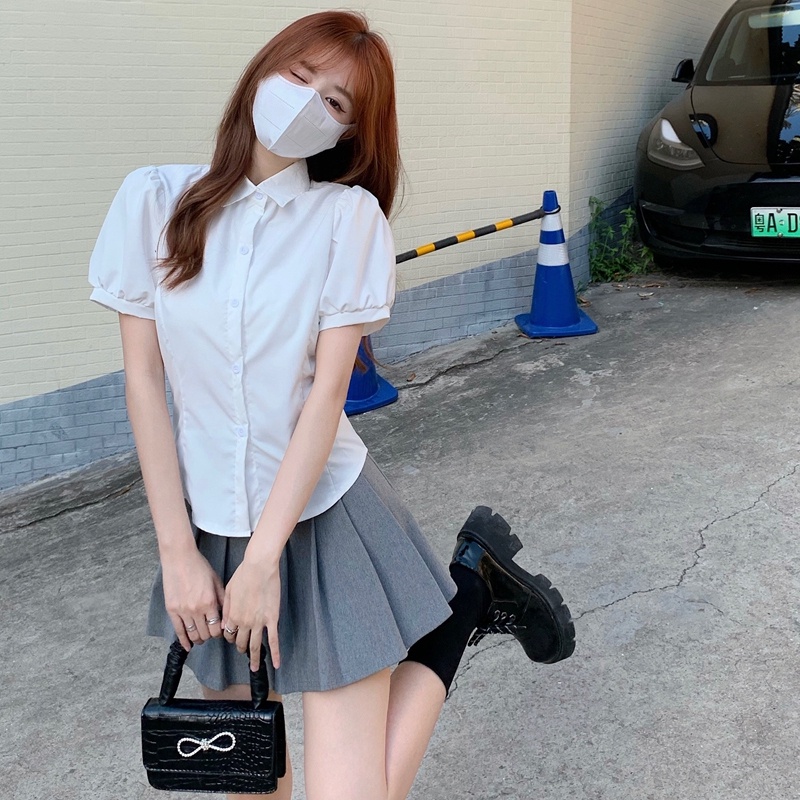 Áo Sơ Mi Tay Ngắn Phồng Màu Sắc Đơn Giản Phong Cách Hàn Quốc