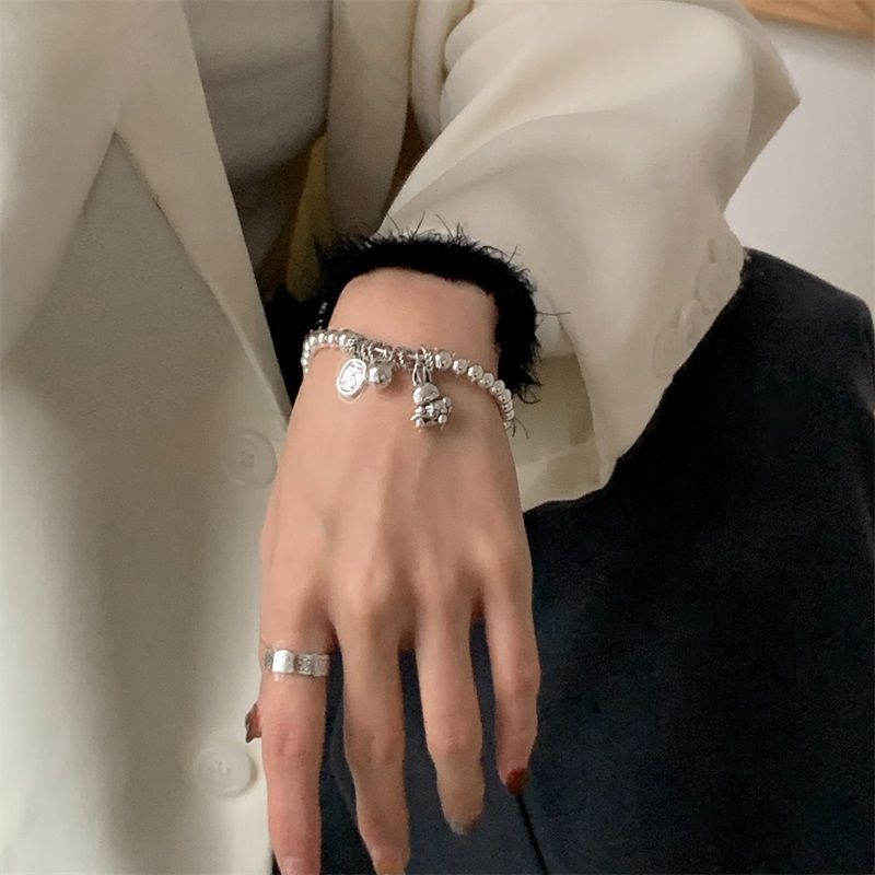 Vòng Tay Hạt Tròn Mạ Bạc 925 Mặt Hình Thỏ / Chữ Cái Thời Trang