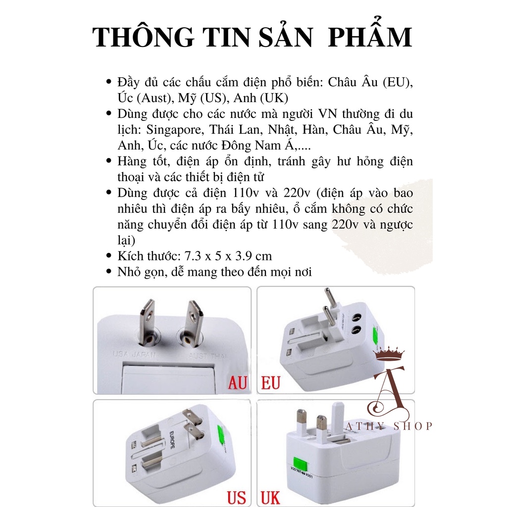 Ổ CẮM ĐIỆN DU LỊCH QUỐC TẾ phích cắm chuyển đổi đa năng nhiều dùng nhiều quốc gia singapore nhật mỹ úc anh thái 2 3 chấu