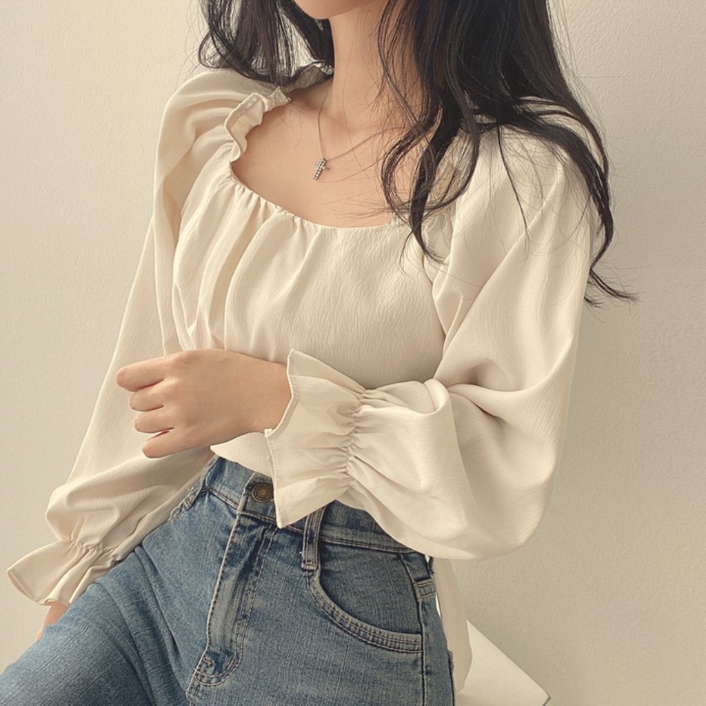 Áo Kiểu Tay Phồng Cổ Vuông Thắt Nơ Phong Cách Retro Hàn Quốc