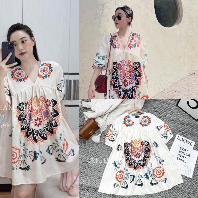 Váy babydoll cổ V kẻ thổ cẩm tay lỡ ( ảnh thật)