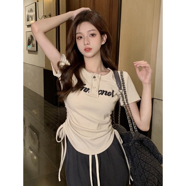 Áo Thun Ngắn Tay Dây Rút In Chữ Thời Trang Mùa Hè Mới Dành Cho Nữ