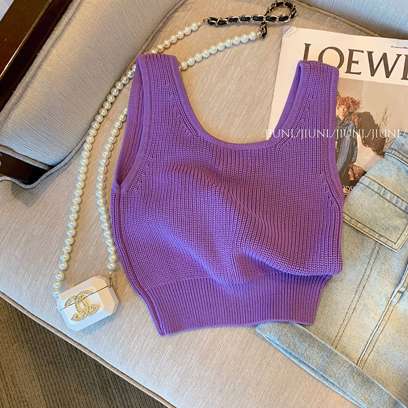 Áo Hai Dây Dệt Kim Ôm Dáng In Chữ Màu Tím Thời Trang Mùa Hè 2022 Mới Phong Cách Hàn Quốc Cho Nữ