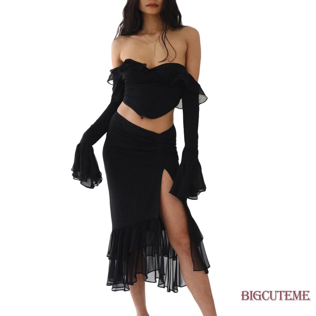 Set Đồ Mùa Hè 2 Món Gồm Áo Tay Dài Cổ V Nhún Bèo Màu Sắc Trơn + Chân Váy Đuôi Cá Eo Thấp Xẻ Tà Cho Nữ