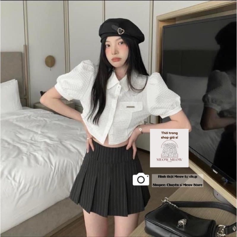 Áo sơ mi Xốp croptop vai phồng dây rút hông phối nắp túi gắn logo Ulzzang siêu đẹp