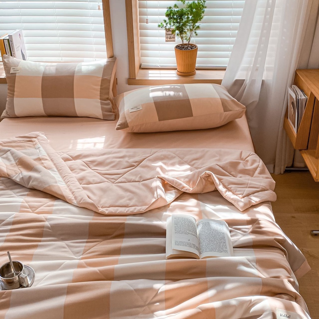 Bộ chăn ga cotton tici kẻ chăn trần bông, vải mềm mịn