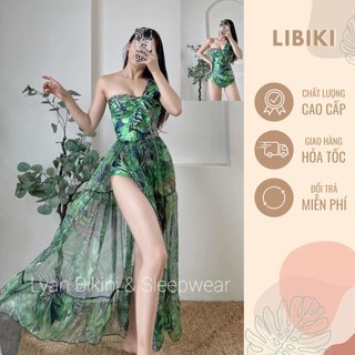 Set bikini liền 1 mảnh xanh da báo lệch vai kèm chân váy voan xòe - Libiki