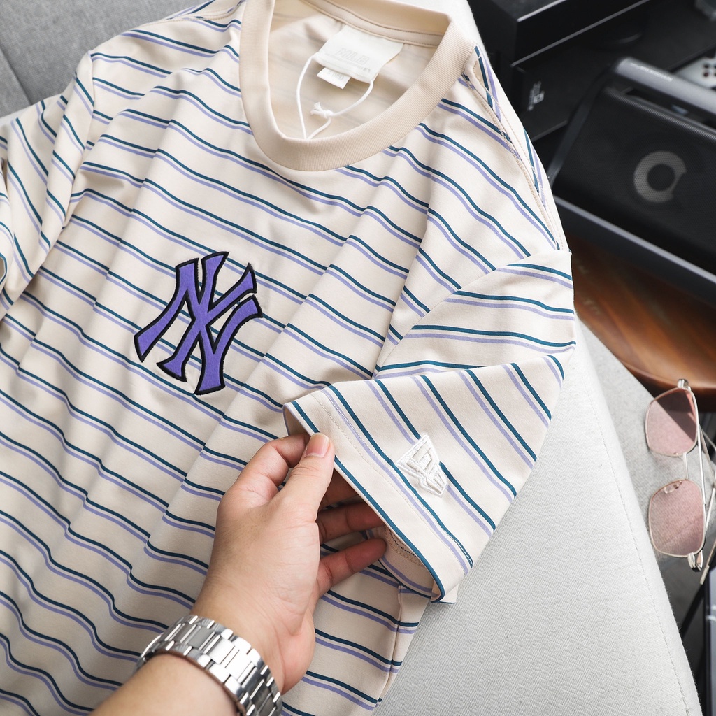 Áo thun thời trang unisex  kẻ sọc full,logo thêu nổi, chất cotton 100% MB09