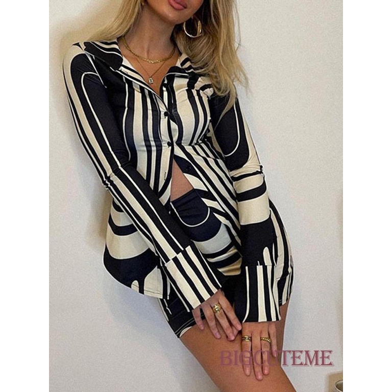Bộ Trang Phục 2 Mảnh Gồm Áo Sơ Mi Tay Dài Cài Nút In Họa Tiết Trừu Tượng Và Chân Váy Mini Cho Nữ
