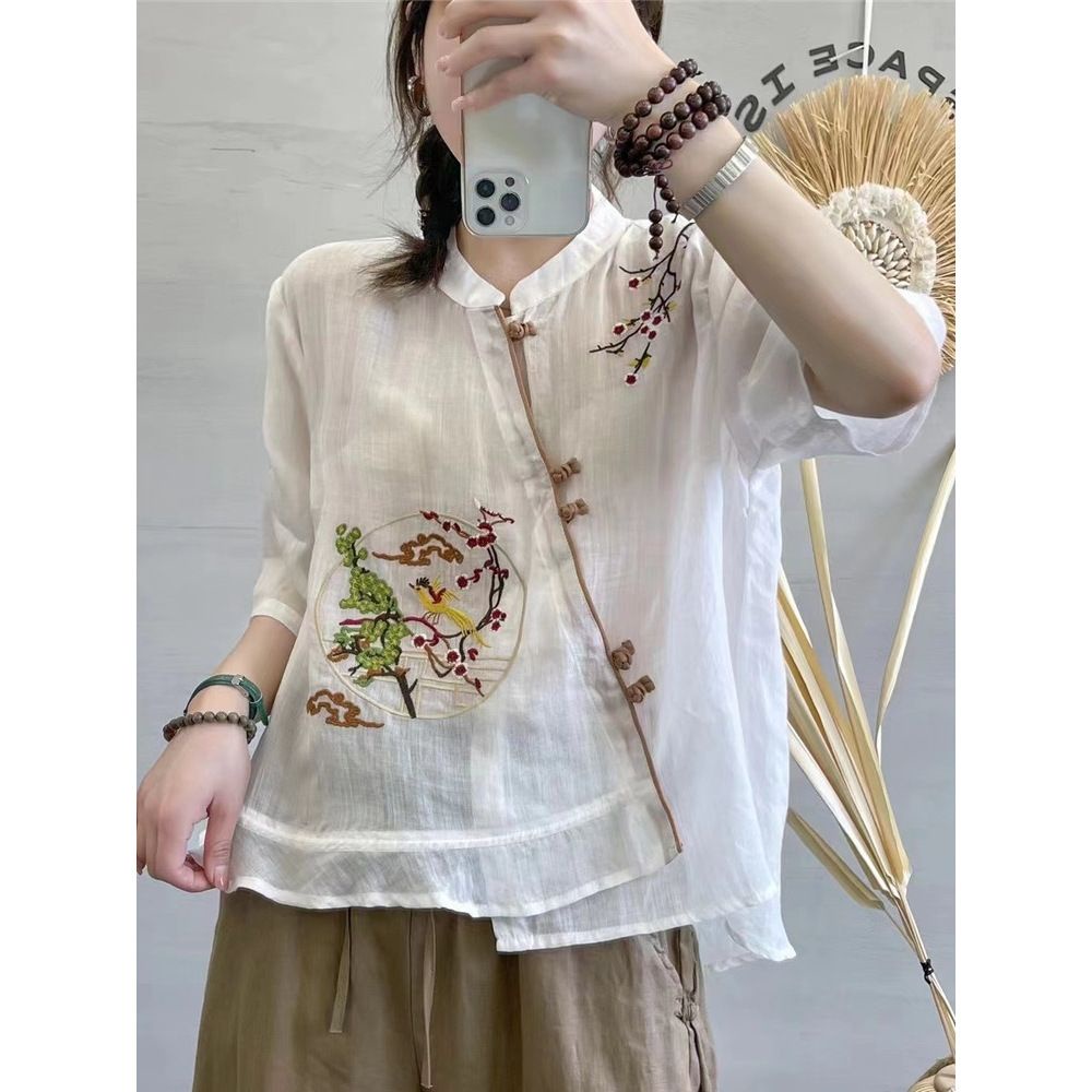 ICE Cotton and Linen Top Embroidered Printed Chinese Button Knots Sun Protection Shirt Japanese and Korean Foreign Trade Original Sample Women's Clothes Cotton and Linen