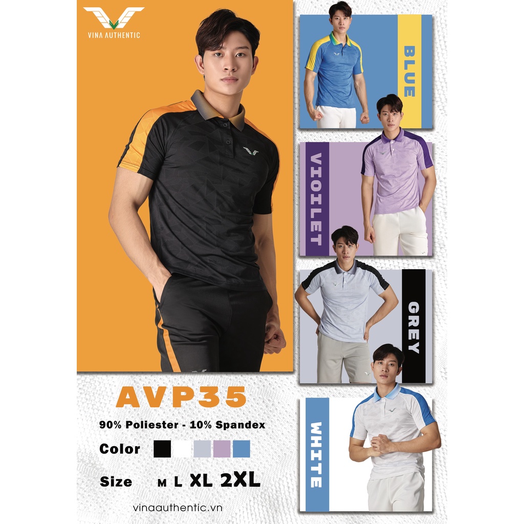 Áo Cầu Lông Nam Cổ trụ AVP35 -Vina Sport, Chất Thun Poly Thấm Hút Mồ Hôi, Thoáng Mát, Co Dãn Tốt, Full Size, Đồ Tập Gym,