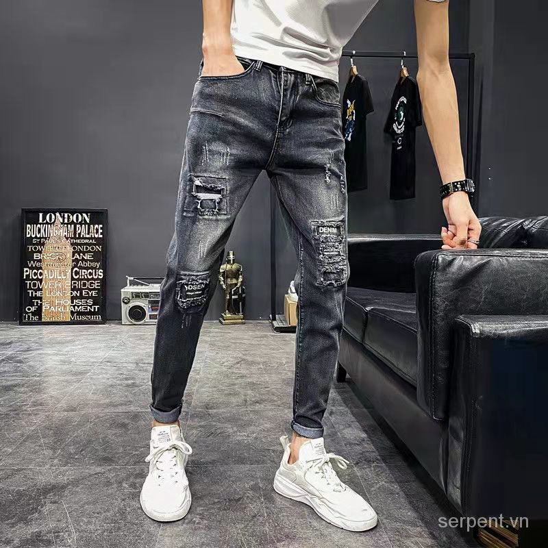 Quần Jean Dài Dáng Ôm Rách Gối Màu Đen Phong Cách Hàn Quốc Thời Trang Xuân Thu Cho Nam
