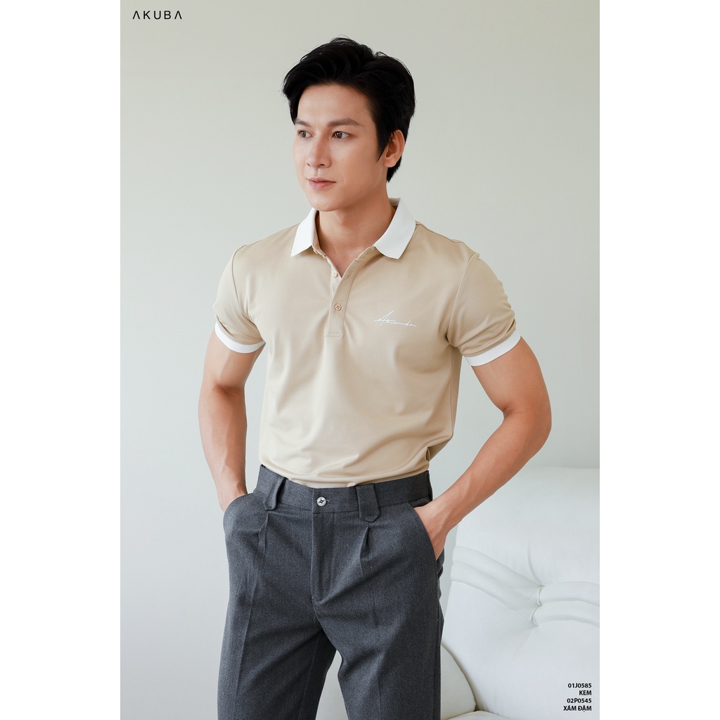 Áo polo nam vải cá sấu cotton in chữ AKUBA form slimfit, chất liệu thoáng mát, mềm mại, thấm hút mồ hôi tốt |01J0585