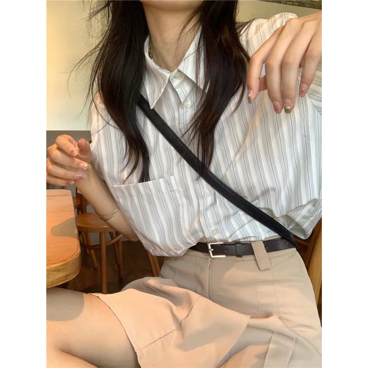 SUXI Áo Sơ Mi Tay Ngắn Dáng Rộng Họa Tiết Kẻ Sọc Thời Trang Mùa Hè Dễ Phối Đồ Cho Nữ