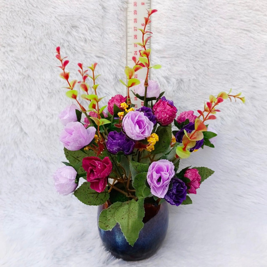 Chậu hoa hồng cao cấp 21 đầu bông để bàn VI104 (hoa lụa, cao 27cm, chậu sứ đường kính 9cm), hoa giả trang trí