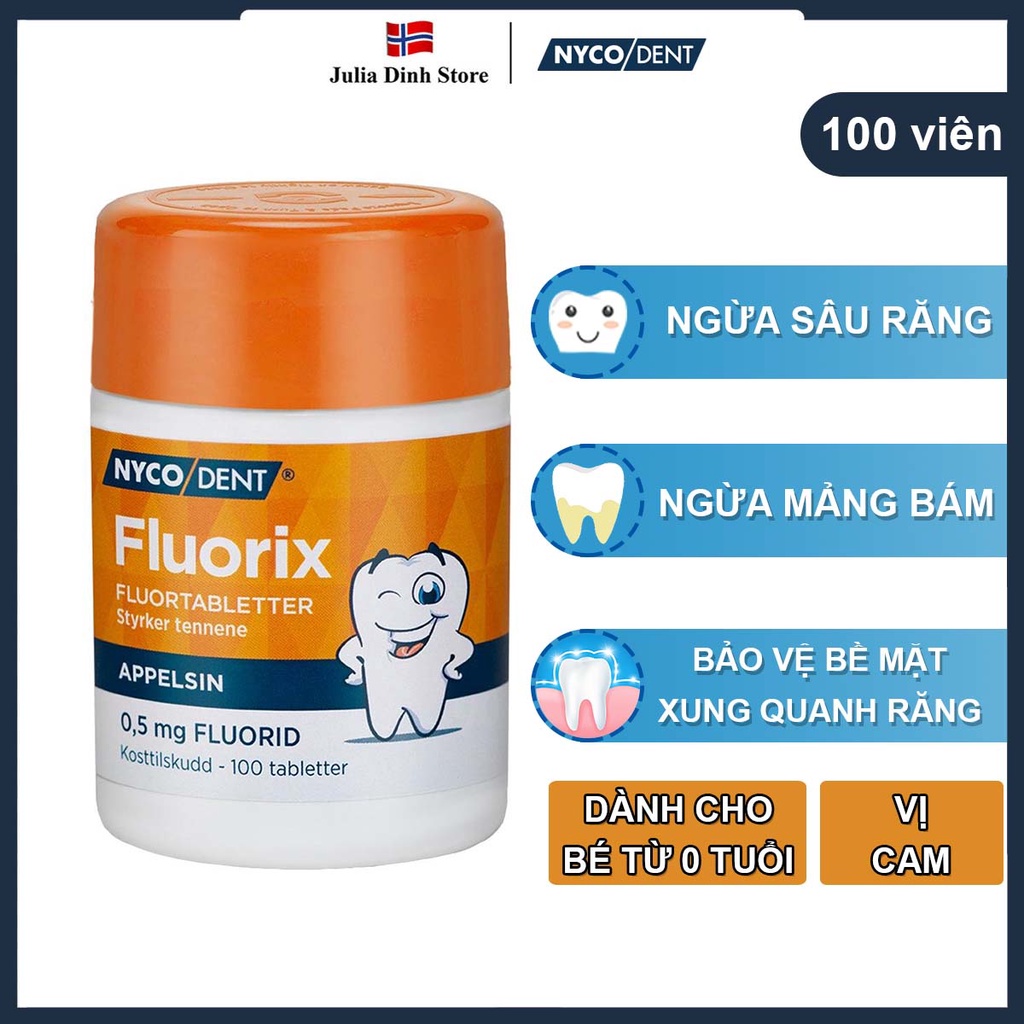 Viên ngậm chắc răng , ngừa sâu răng Nycodent 0,25mg Fluorix nội địa Na Uy hương cam - hộp 100 viên