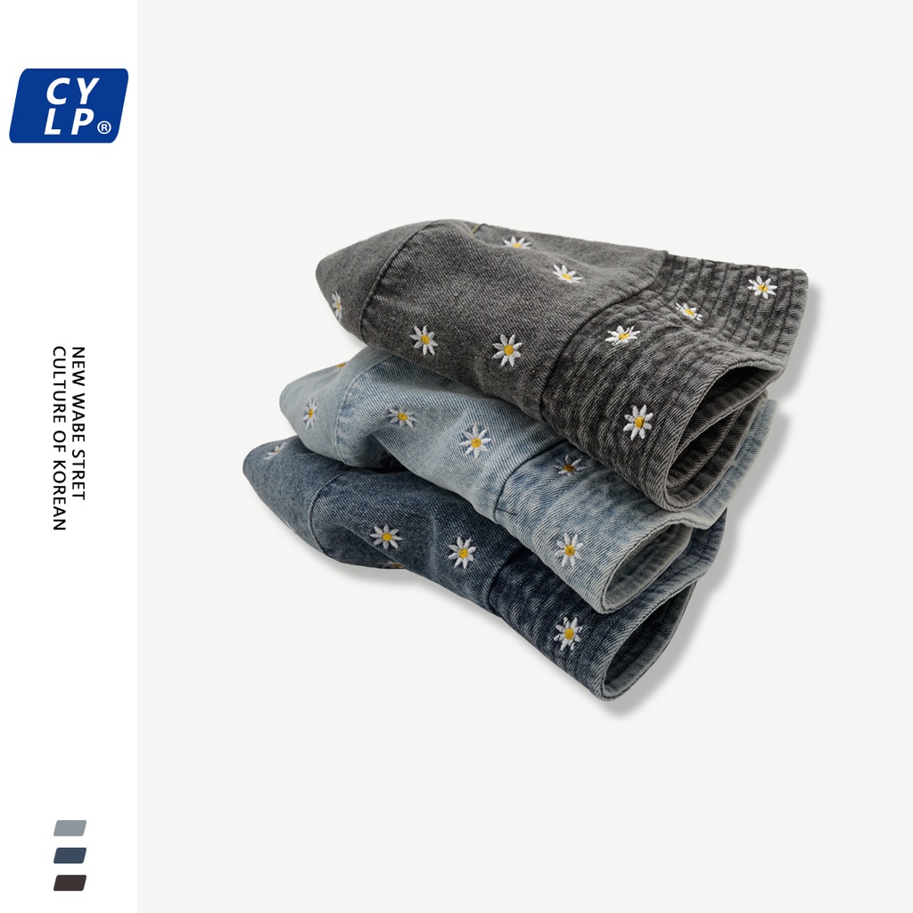 Nón Tai Bèo Denim Họa Tiết Hoa Cúc Thêu Phong Cách Hàn Quốc Thời Trang Xuân Hè Dành Cho Nữ