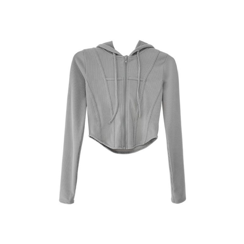 Áo croptop tay dài áo croptop Áo Khoác Thể Thao Có Nón Phối Khóa Kéo Phong Cách Âu Mỹ Cho Nữ