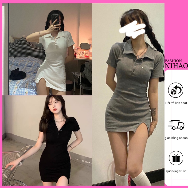 Váy Body Nihao Cổ Polo Xẻ Trước Chất Thun Gân Tăm, Đầm Ôm Sexy Nữ Mặc Đẹp Nhiều Mẫu Siêu Hot