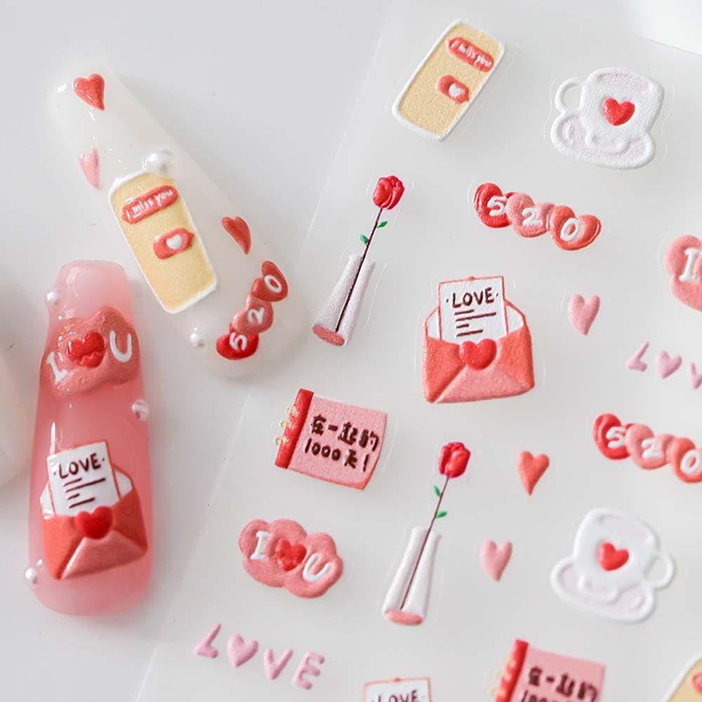 Miếng Dán Móng Tay Họa Tiết Hoa Lá Trái Tim Chữ Cái Màu Hồng Phong Cách Ins Dành Cho Bạn Nữ