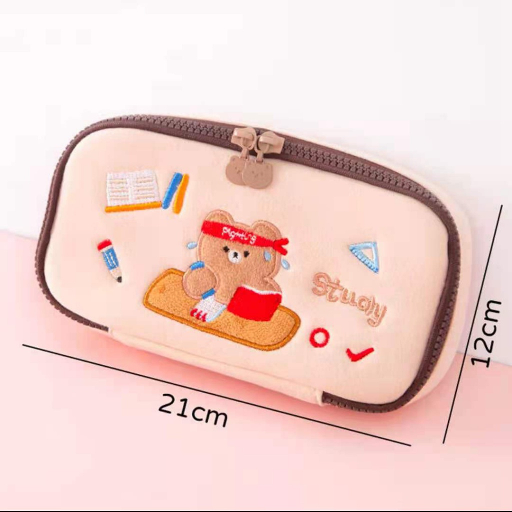 Túi Đựng Bút Thêu Hình Gấu Bông Dễ Thương Sức Chứa Lớn Cho Học Sinh