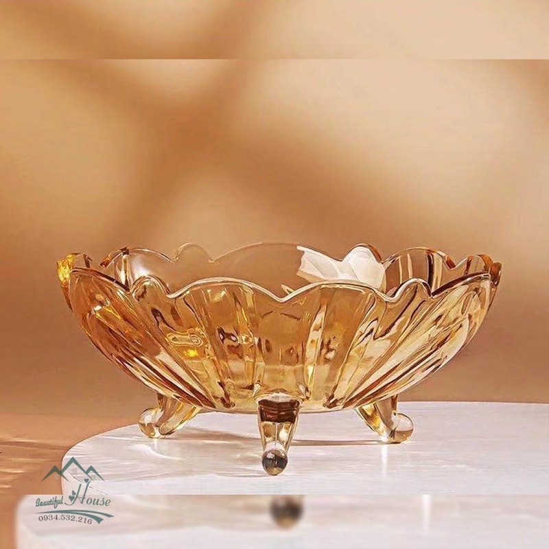 Bát thố thuỷ tinh 3 chân đựng hoa quả trái cây Deli màu hổ phách sang trọng