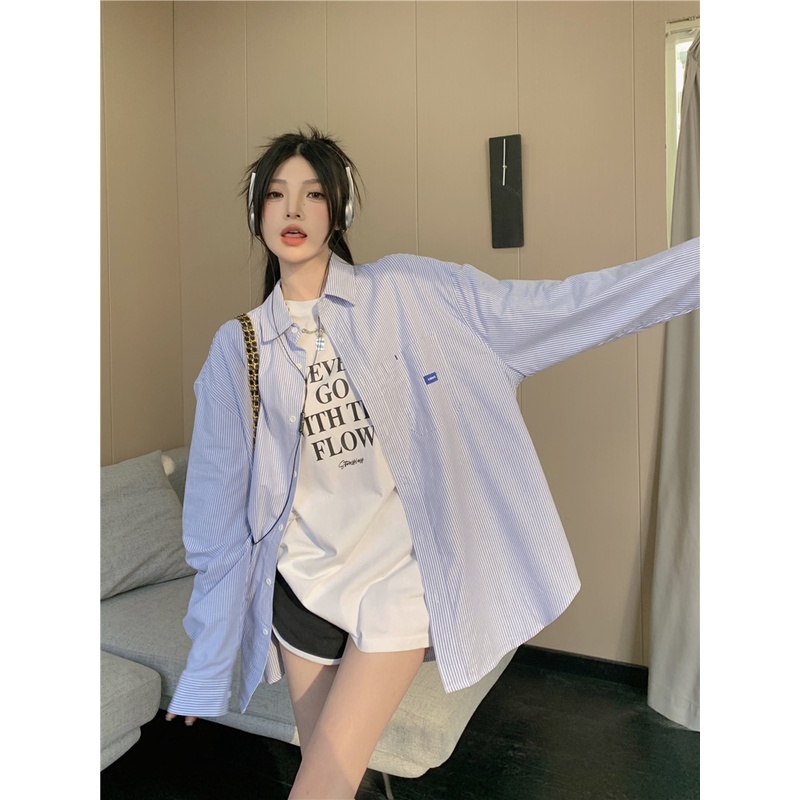 Ethelgirl Áo Sơ Mi Tay Dài Cổ Polo Dáng Rộng Họa Tiết Kẻ Sọc Thời Trang Dễ Phối Đồ Cho Nữ